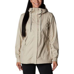Columbia Women’s Beige Hooded Rain Jacket L – Lightweight Waterproof Windbreaker